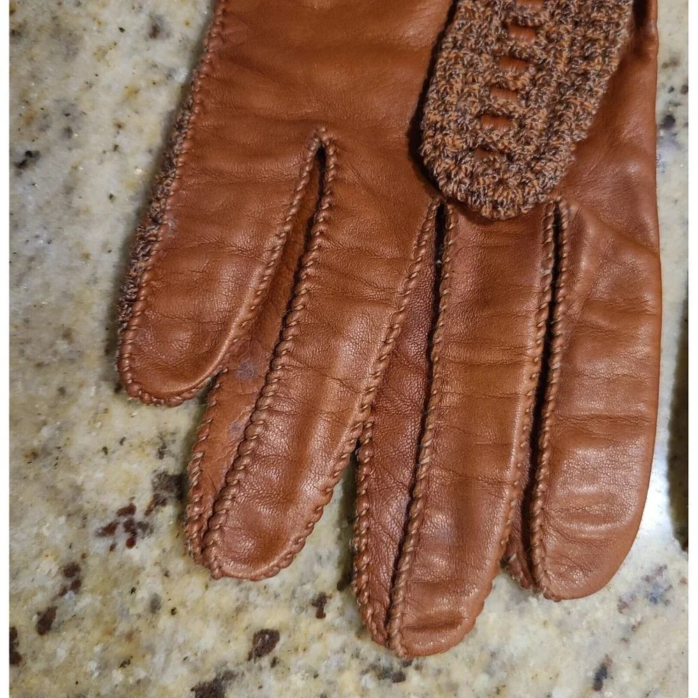 Vintage Size M 7 Brown Leather And Knit Handmade Gloves Hammer Of Hollywood